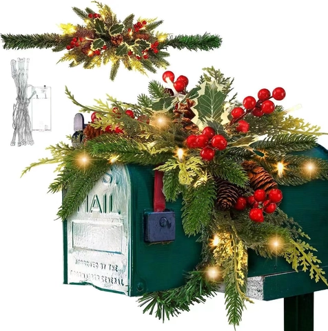 Guirnalda De Buzón De Navidad Con Luces LED Piñas Bayas Rojas Follaje Artificial Decoración Navideña