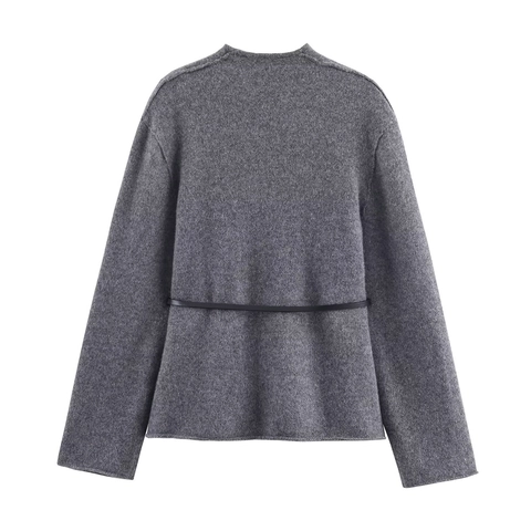 Women Elegant Short Woolen Jacket V Neck Long Sleeve Solid Color Casual Outerwear With Belt