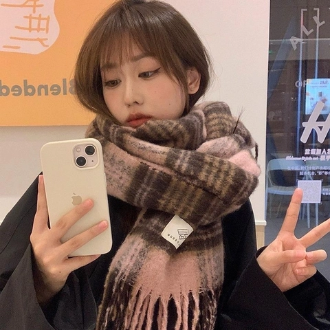 Women Winter Plaid Scarf Thickened Warm Soft Polyester Imitation Cashmere Shawl Wrap With Long Tassel Fringe