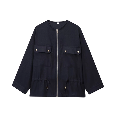 Giacca da Donna Casual a Girocollo a Maniche Lunghe Con Coulisse e Cerniera Capispalla Tinta Unita Streetwear Stile di Strada Cappotto Top