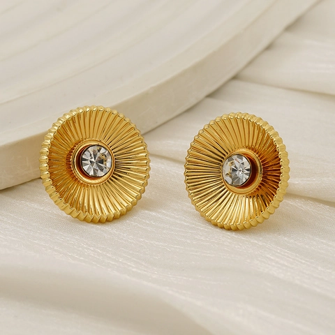 Round Stud Earrings 18K Gold Plated Stainless Steel Sunburst Texture French Retro Vintage Style For Women
