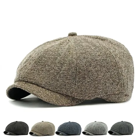 Newsboy Cap Herringbone Tweed Octagonal Hat Warm Fleece Lined Retro British Style Vintage Winter For Men Women