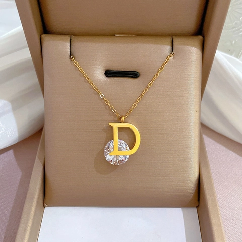 Letter D Hanger Ketting Titanium Staal Ronde Zirkoon Minimalistisch Verguld Sleutelbeenketting Sieraden Voor Dames Elegant