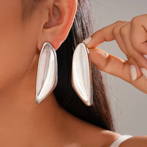 Irregular Geometric Oval Stud Earrings With Silver Earring Post Polished Metallic Mirror Finish Statement Jewelry For Women