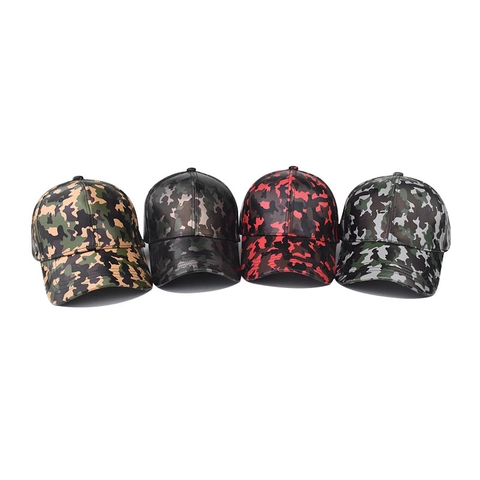 Camouflage PU Leather Baseball Cap Waterproof Shiny Metallic Fashion Tactical Outdoor Sun Hat For Men Women Adjustable