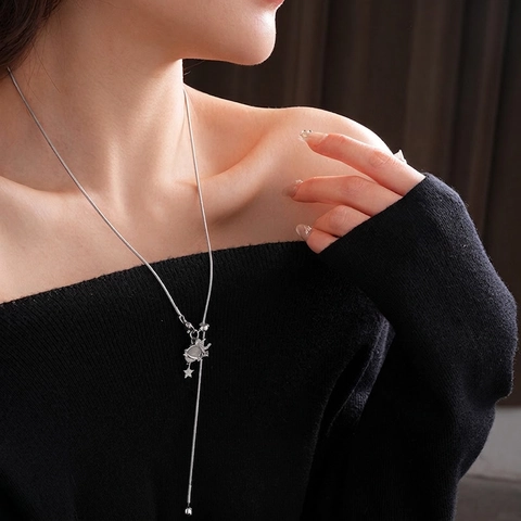 Himmelskörper Planet Mond Stern Anhänger Halskette Kupfer Zirkonia Lang Verstellbar Y-Form Schlangenkette Schmuck Für Damen