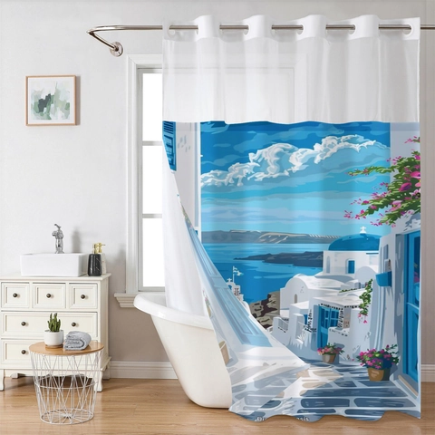 Hookless Grommet Shower Curtain Polyester Waffle Fabric Waterproof Mediterranean Landscape Print Detachable Snap Liner