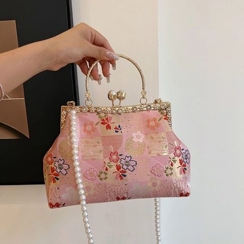 Sac De Soirée Brodé Floral Sac À Main En Satin Brocart Avec Poignée En Métal Bandoulière Künstliche Perle Style Chinois Rétro Femmes