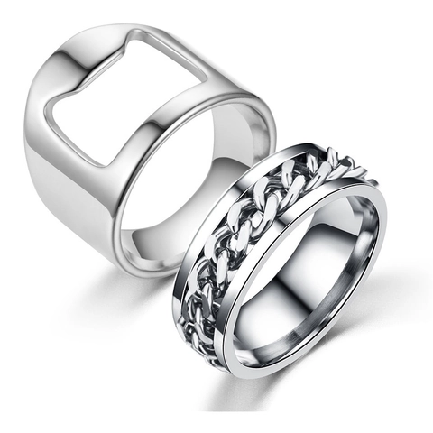 Stainless Steel Bottle Opener Ring For Men Spinner Chain Ring Punk Style Functional Finger Rings Set Party Jewelry Accessories