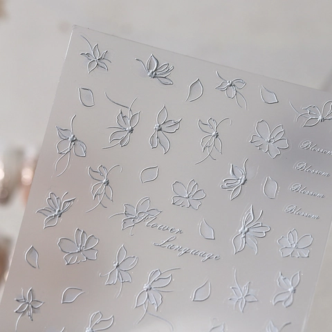 White Floral 5D Embossed Nail Art Stickers Self Adhesive Elegant Blossom Flower Language Design For DIY Manicure