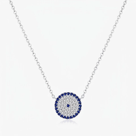 Evil Eye Round Pendant Necklace 925 Sterling Silver Blue White Zirconia Clavicle Chain For Women Elegant Jewelry