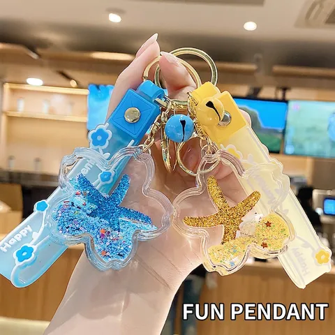 Cherry Blossom Quicksand Keychain Floating Starfish Liquid Oil Acrylic Keyring With Silicone Strap Bell Cute Gift