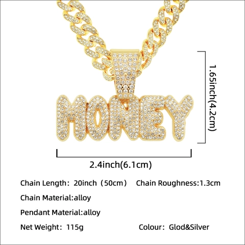 Money Letter Pendant Necklace Alloy Rhinestone Full Diamond Iced Out Cuban Link Chain Hip Hop Punk Jewelry For Men