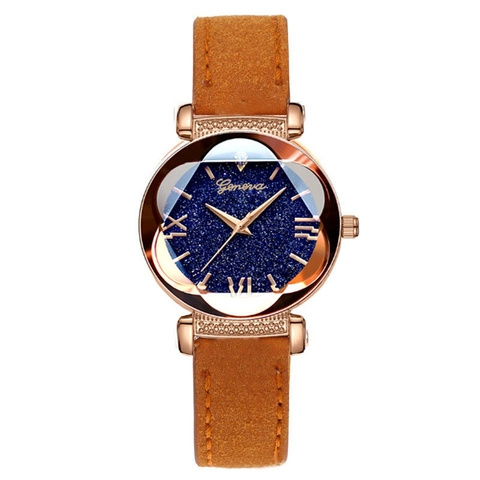 Damen Mode Geneva Sternenhimmel Quarzuhr Roségold Legierung Gehäuse Römische Zahlen Kunstleder Armband Freizeit Armbanduhr Schmuck Geschenk