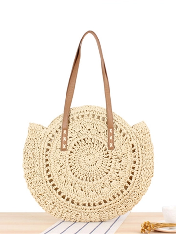 Round Woven Paper Rope Shoulder Bag Summer Beach Vacation Tote Circular Handbag With Zipper And PU Leather Strap For Women