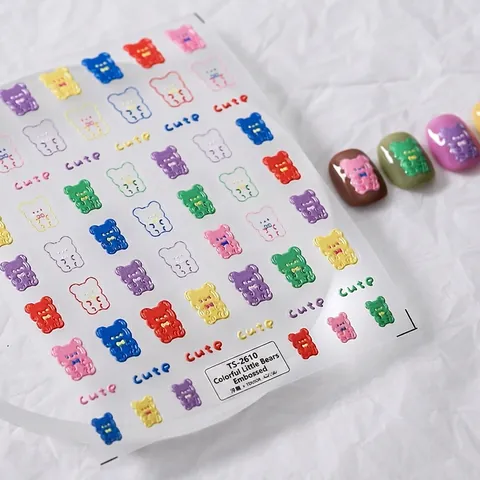 5D Relief Nail Art Stickers 3D Colorful Bear Self-Adhesive Nail Decals Manicure Decorations Cute Cartoon DIY Accessories