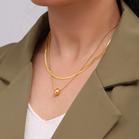 Collar De Doble Capa Acero Inoxidable Cadena De Serpiente Plana Colgante De Gota De Agua Chapado En Oro Joyería Elegante Para Mujer