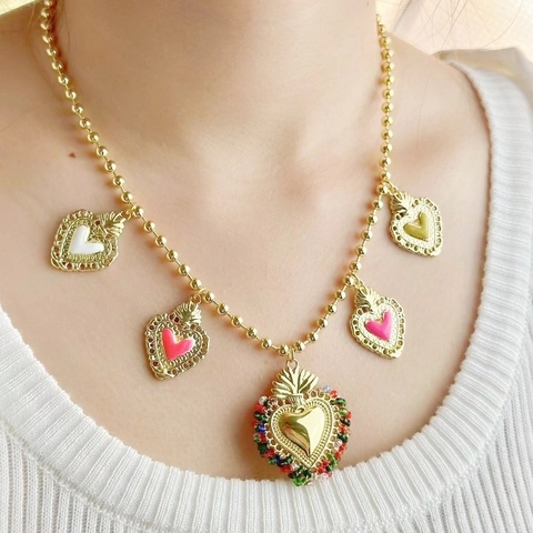Böhmische Herz Anhänger Halskette Kupfer Bunte Perlen Kugelkette Vintage Ethno Schmuck Damen
