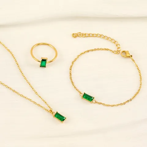 Emerald Green Rectangle Zircon Necklace Bracelet And Ring 14K Gold Plated Stainless Steel Jewelry Elegant For Women