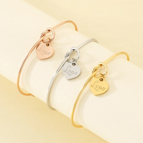 Pulsera De Brazalete Abierto Acero Inoxidable Colgante Corazón Nudo Grabado Love Mujer Joyas Moda Elegante Regalo