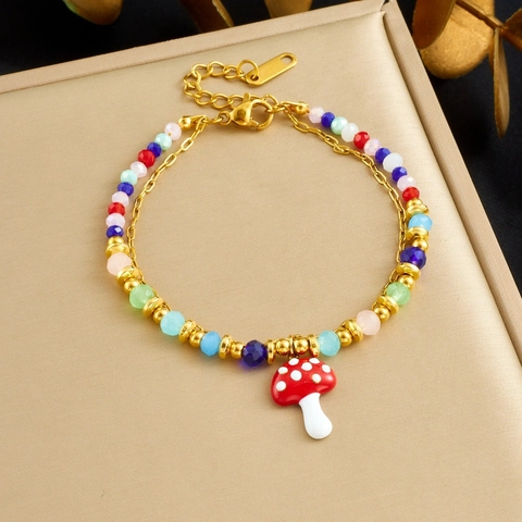 Bracciale A Strati In Acciaio Inossidabile Con Perline Di Vetro Colorate E Ciondoli Fungo Fragola Coccinella Moda