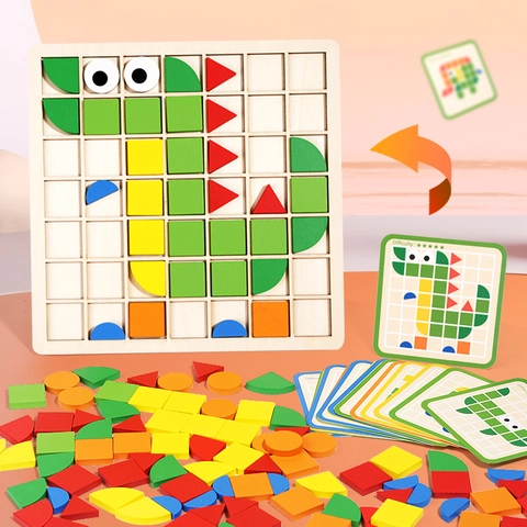 Treehole Wooden Mosaic Puzzle 3D Geometric Shape Pattern Blocks Educational Early Learning Toy For Kids Creative Montessori Toy