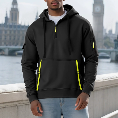 Herren Tactical Halbreißverschluss Hoodie Fleece Gefüttert Mehrere Taschen Einfarbig Casual Outdoor Kapuzensweatshirt