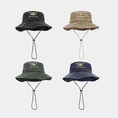Washed Cotton Fishing Bucket Hat With Fish Embroidery Sun Protection Outdoor Safari Sun Hat With Adjustable Strap