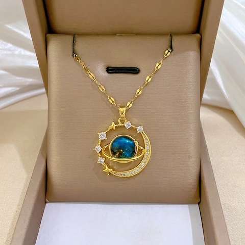 Collana Pendente Pianeta Acciaio Inossidabile Placcato Oro Rame Blu Luna Stella Zircone Gioielli Spaziali Per Donne
