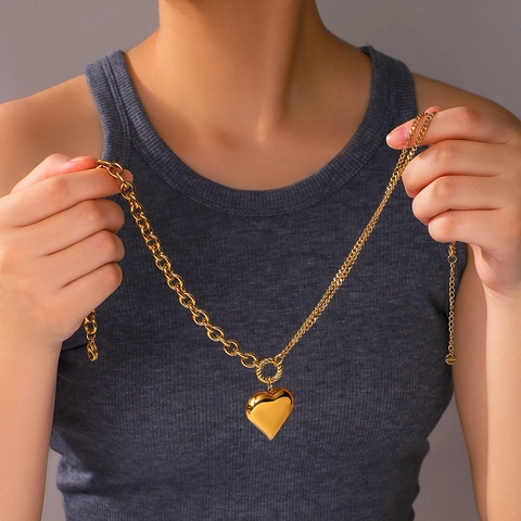 Heart Pendant Necklace 18K Gold Plated Stainless Steel Double Layer Thick Chain Retro Hip Hop Jewelry For Women