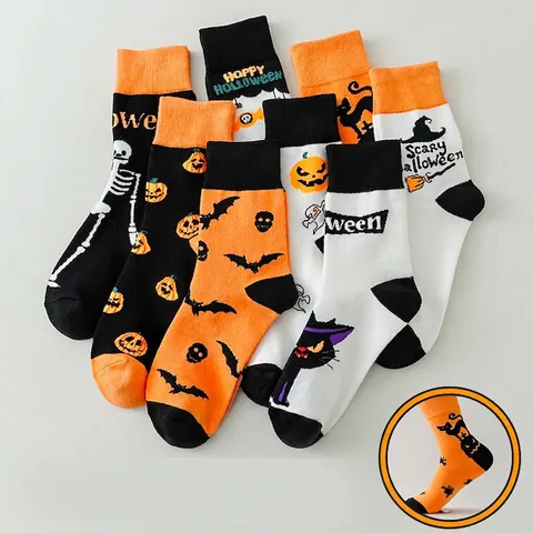 Halloween Crew Socken Kürbis Fledermaus Geist Totenkopf Muster Baumwollmischung Atmungsaktiv Mittellang Unisex