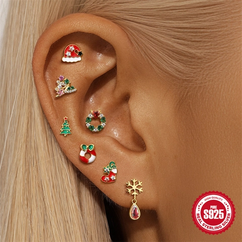 Boucles D'oreilles En Argent Sterling S925 Avec Zircone Émail Noël Flocon De Neige Étoile Lune Piercing Cartilage Dos Plat