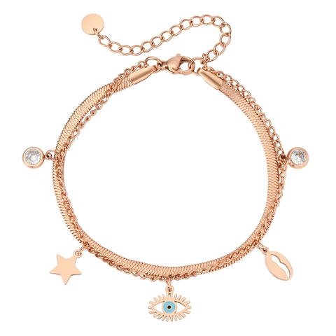 Bracciale a Doppio Strato in Acciaio al Titanio da Donna Oro Oro Rosa Malocchio Stella Conchiglia Ciondolo Strass Gioielli di Moda