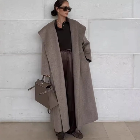 Cappotto Lungo In Lana Da Donna Con Cintura Risvolto Tinta Unita Elegante Autunno Inverno