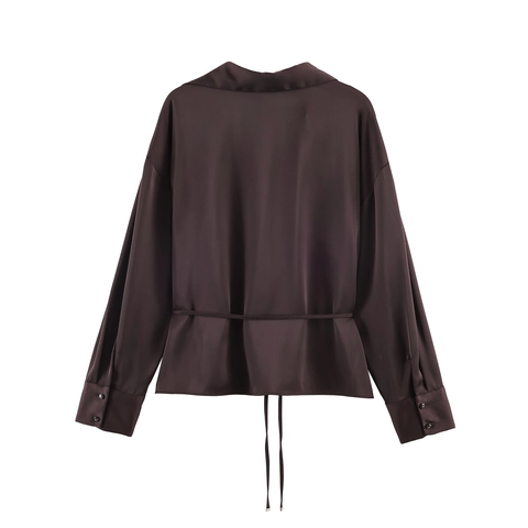 Elegant Women Satin Blouse Long Sleeve Solid Coffee Brown Shirt With Drawstring Waist Lapel Button Down Smooth Top