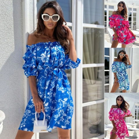 Damen Off-Shoulder Minikleid Mit Blumendruck Polyester Laternenärmel Gürtel Sommer Strand Urlaub Elegant Boho