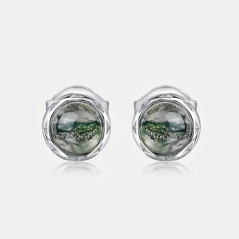 Natural Green Moss Agate 925 Sterling Silver Stud Earrings Minimalist Round Geometric Stone Earrings For Women Jewelry