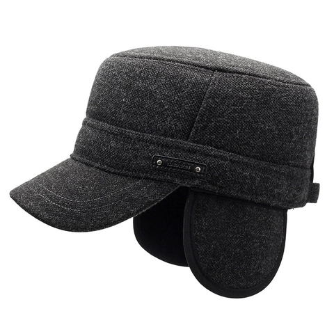 Casquette Militaire Homme En Mélange De Laine Avec Cache-Oreilles Hiver Chaude Coupe-Vent Réglable