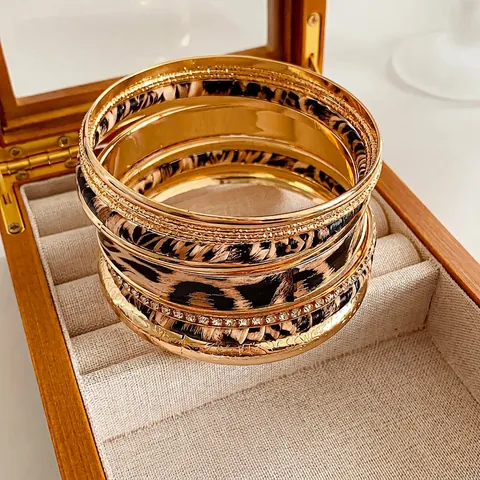 Bracelets Joncs Empilés Alliage Doré Cuir Imprimé Léopard Strass Géométrique Vintage Style Bohème Bijoux