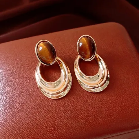 Vintage Tiger Eye Stone Oval Drop Earrings With 925 Sterling Silver Earring Post 18K Real Gold Plated Retro Jewelry