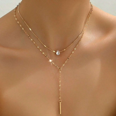 Double Layer Y-Shape Necklace Alloy Water Drop Zirconia Vertical Bar Pendant Fashion Sexy Jewelry For Women Gold Color