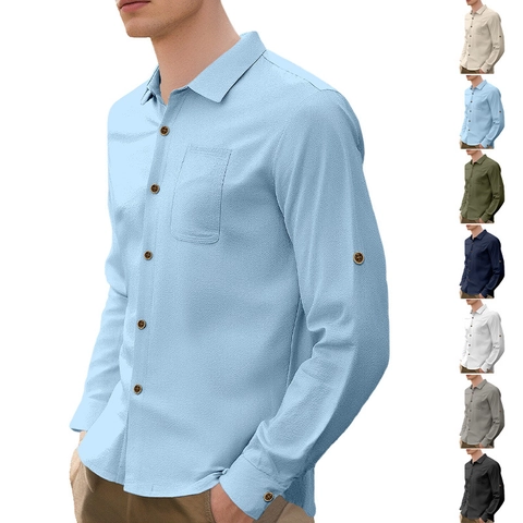 Casual Heren Overhemd Linnenmix Lange Mouwen Knoopsluiting Effen Kleur Getextureerd Zak Licht Ademend Mode Top