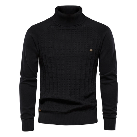 Men Turtleneck Pullover Sweater Cotton Blend Solid Color Long Sleeve Cable Knit Business Casual Winter Knitwear Top