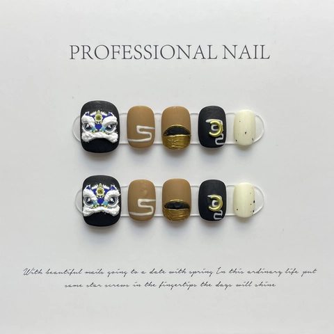 Handmade Press On Nails 3D Lion Dance Relief Chinese Style Gold Foil Lines Glossy False Nails Full Cover For Women