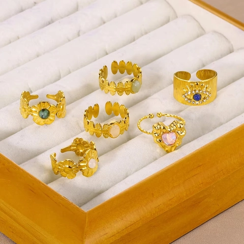 Vintage Flower Evil Eye Heart Adjustable Ring Stainless Steel 18K Gold Plated Natural Stone Jewelry For Women