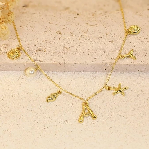 Collana Girocollo Da Spiaggia Bohémien In Acciaio Inossidabile Con Ciondoli Stella Marina Conchiglia Iniziale E Perla Artificial Sintetica
