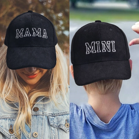 Cappellino Da Baseball In Velluto A Coste Mama Mini Lettera Ricamata Famiglia Coordinata Regolabile