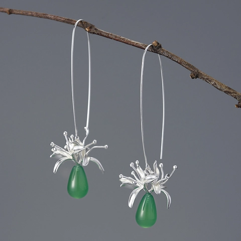 Lycoris Radiata Dangle Earrings Handmade 925 Sterling Silver 18K Gold Plated Green Chalcedony Floral Vintage For Women