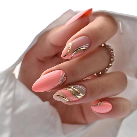Press On Nails Almond Shape Barbie Pink Wave Pattern Gold Glitter White Lines Elegant Long False Nails For Women