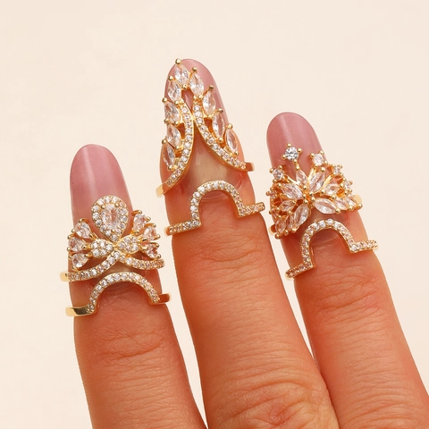Fashion Copper Zirconia Nail Ring For Women Adjustable Open Finger Nail Jewelry Crown Butterfly Flower Pattern Jewelry